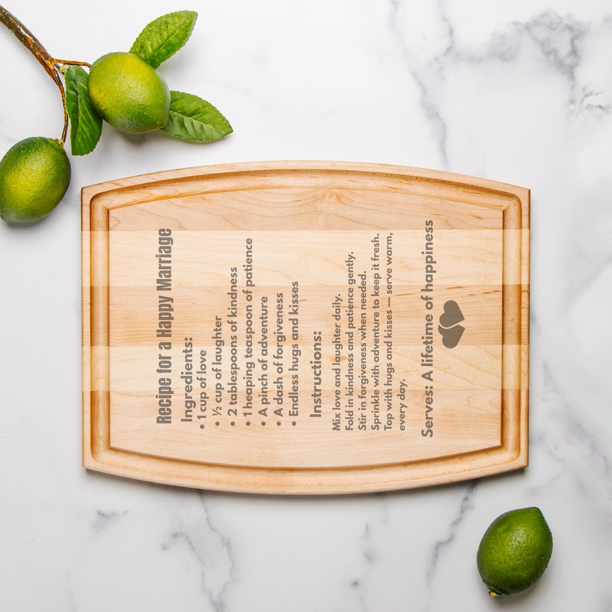 Recipe for a happy Marriage Arched Wood Cutting Board with Groove - 12" x 9"