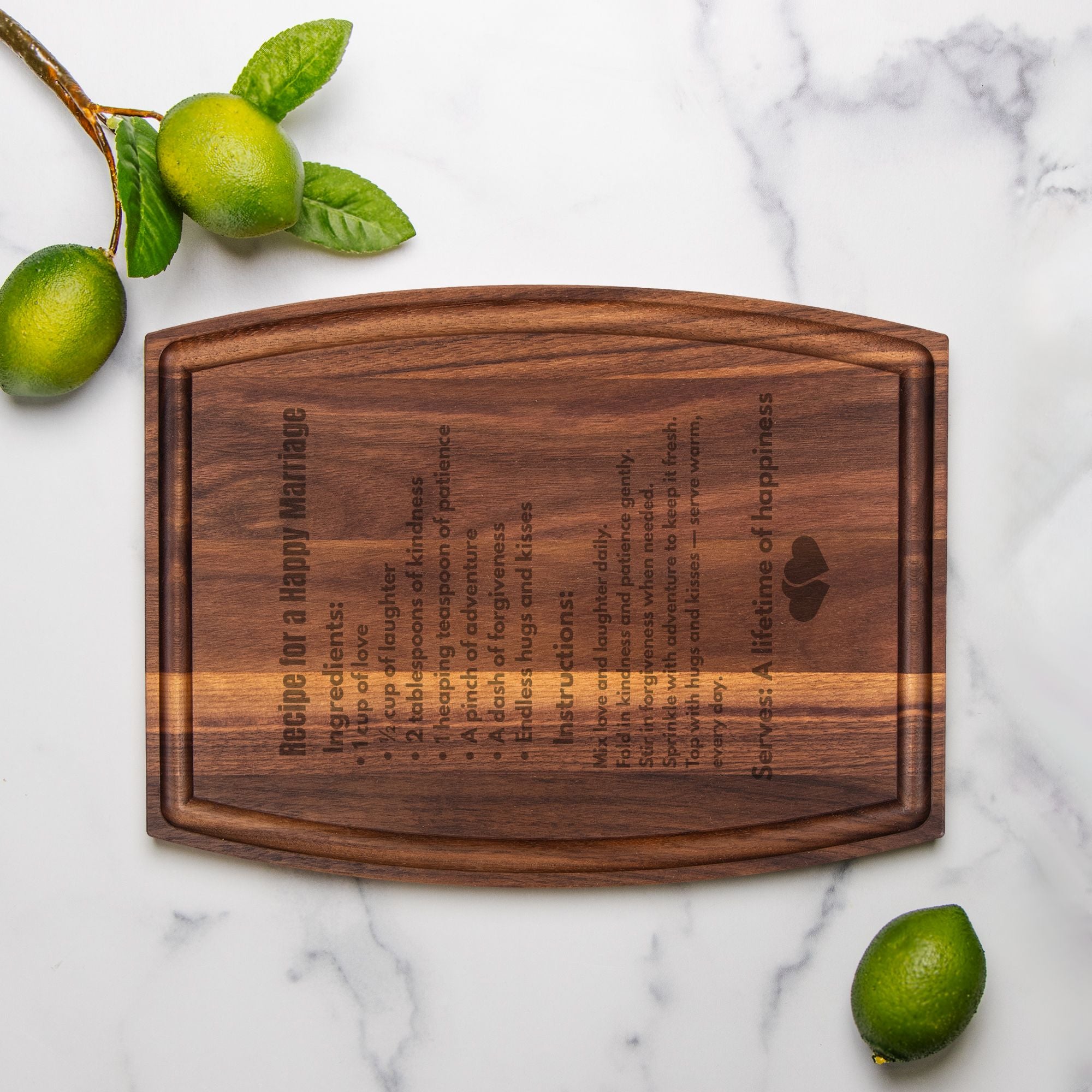 Recipe for a happy Marriage Arched Wood Cutting Board with Groove - 12" x 9"