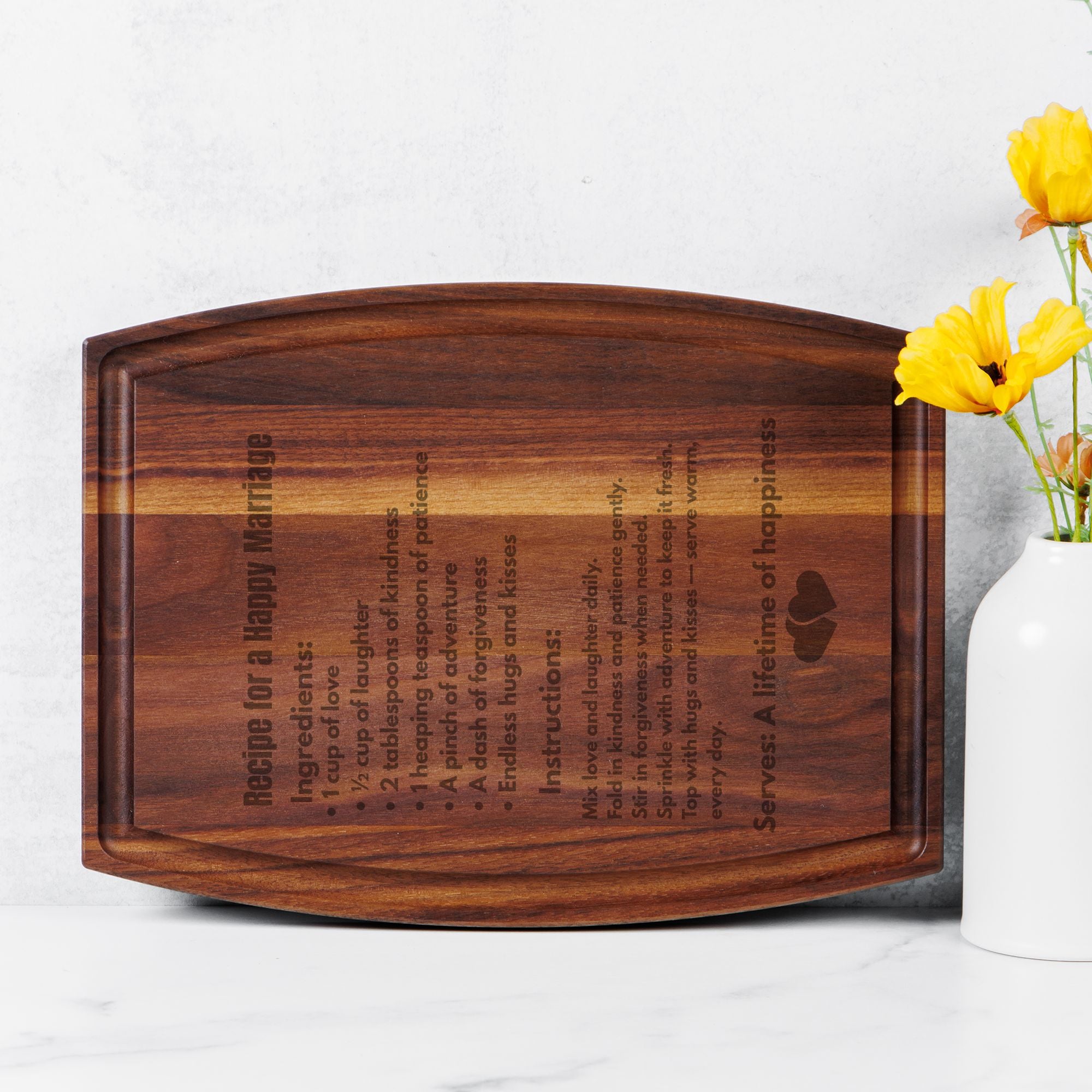 Recipe for a happy Marriage Arched Wood Cutting Board with Groove - 12" x 9"