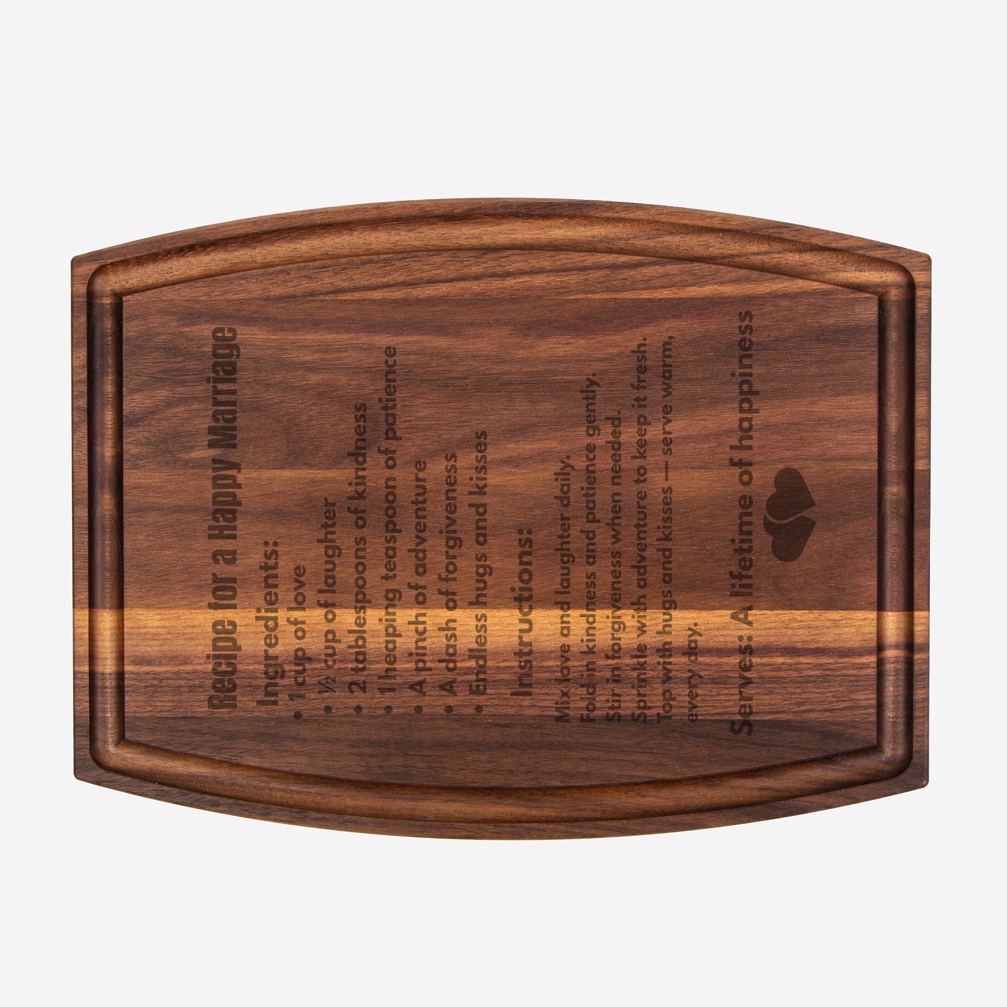 Recipe for a happy Marriage Arched Wood Cutting Board with Groove - 12" x 9"