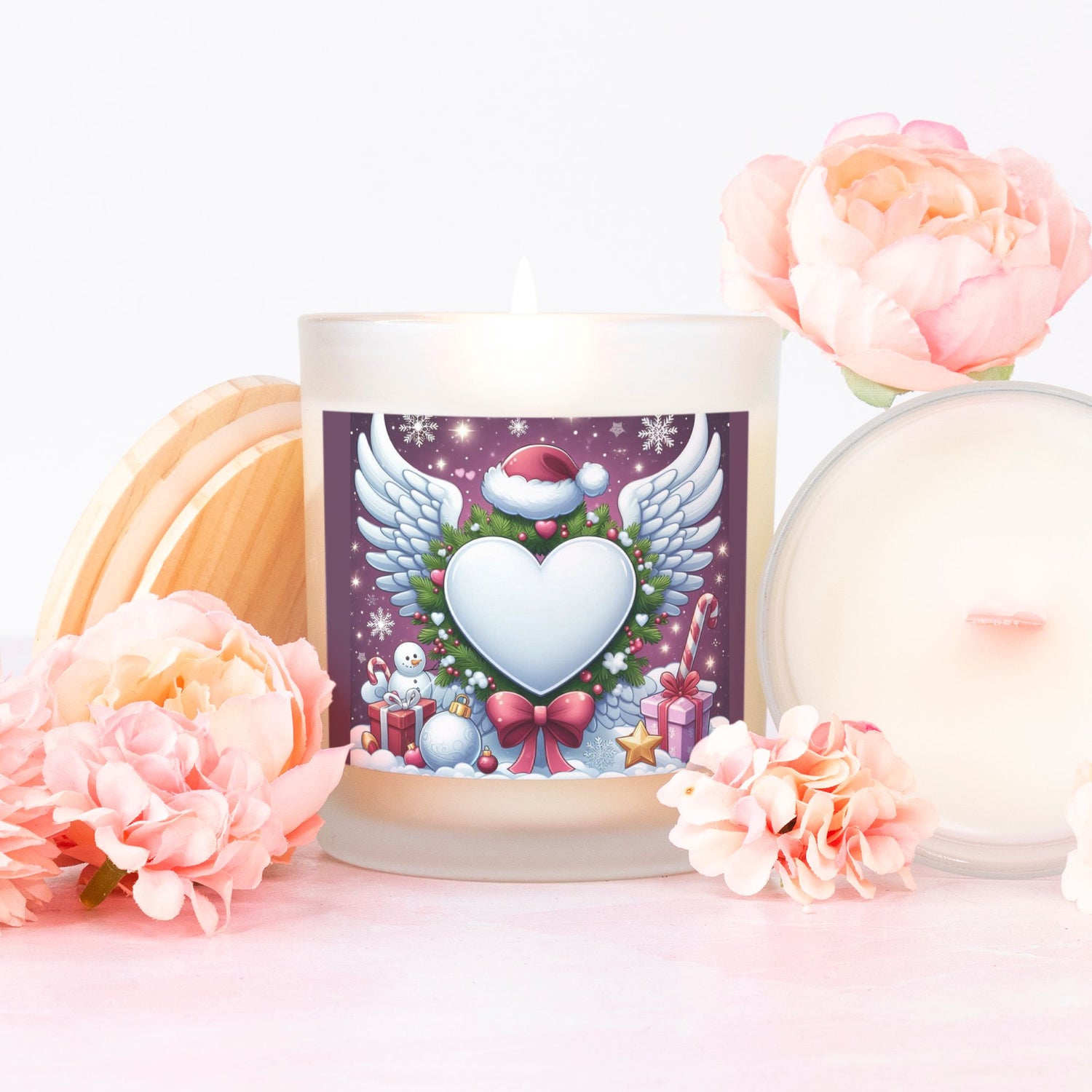 Candle Frosted Christmas decoration Angel Wings and Heart (Pink Wick) Glass