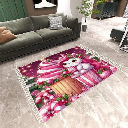 Christmas pink unicorn Area Rug with Tassels (8:5)