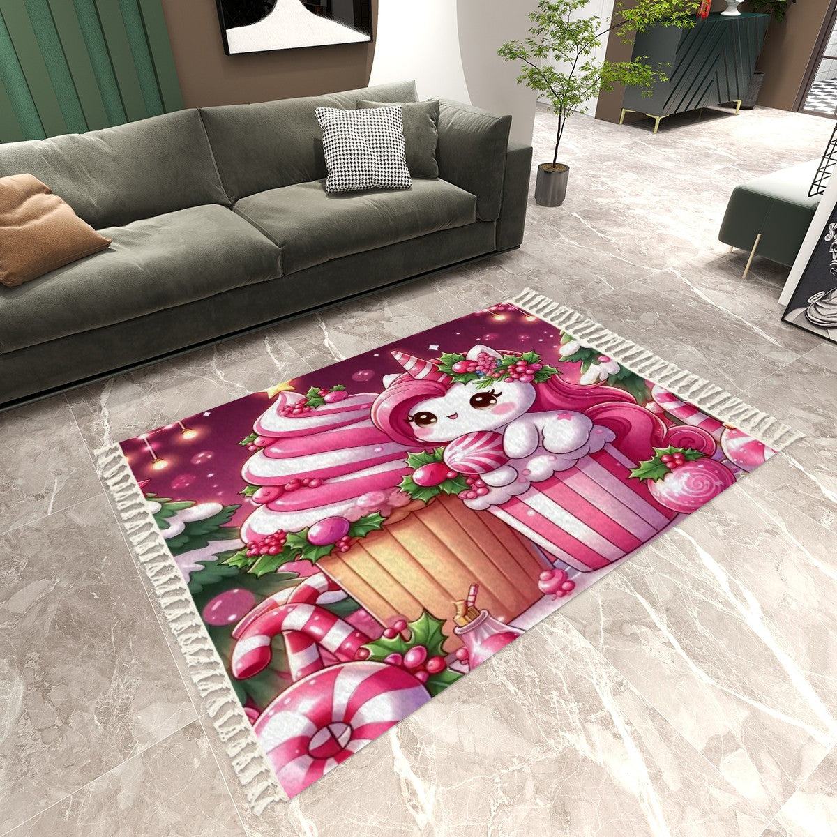 Pink Unicorn Christmas Area Rug with Tassels (8:5)