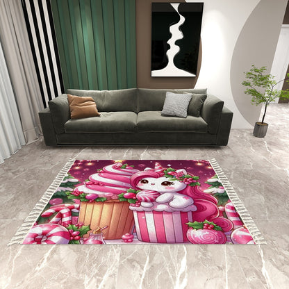 Christmas pink unicorn Area Rug with Tassels (8:5) - 96&quot;x60&quot; - ChristmasLoving.Shop