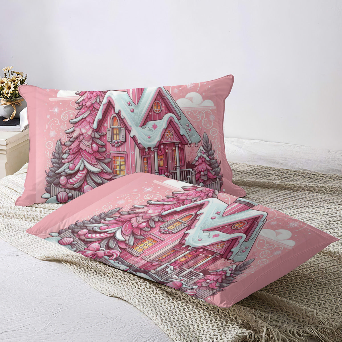 Christmas House Pink Bedding Four-piece Set