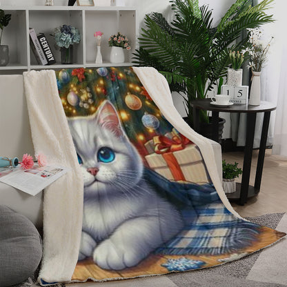 Sherpa Blanket (Vertical Version) | Polyester (Imitation Wool) - white cat in front of Christmas tree1