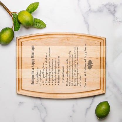 Recipe for a happy Marriage Arched Wood Cutting Board with Groove - 12&quot; x 9&quot;