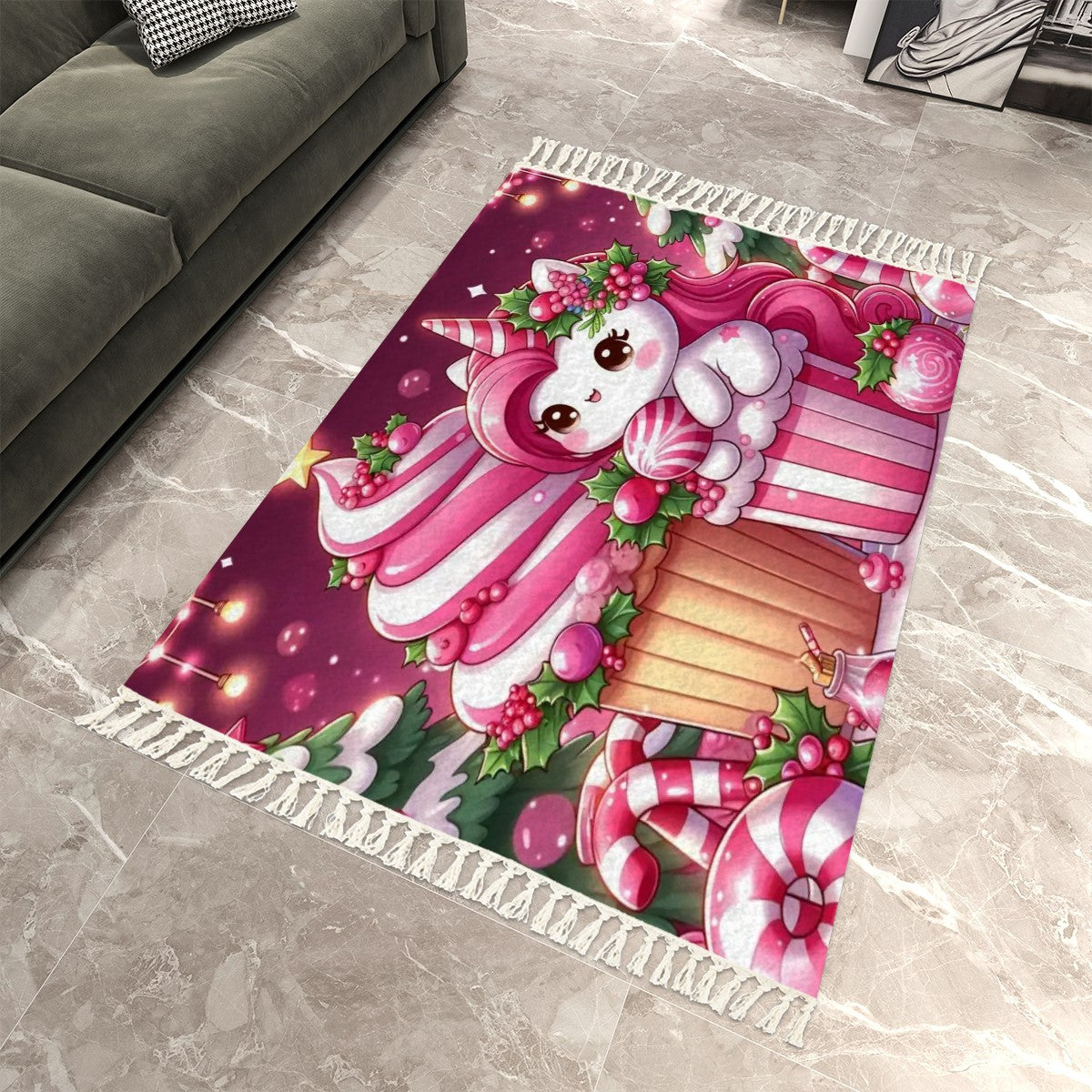 Christmas pink unicorn Area Rug with Tassels (8:5)