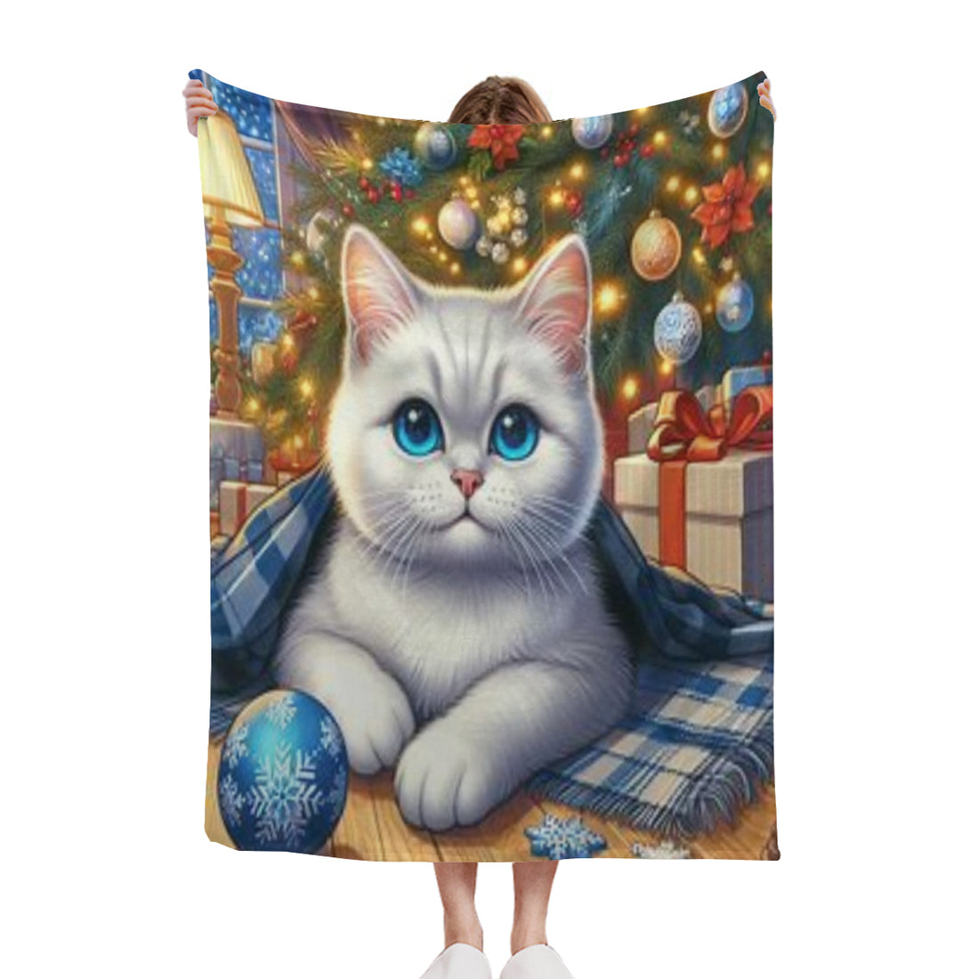 Sherpa Blanket (Vertical Version) | Polyester (Imitation Wool) - white cat in front of Christmas tree1