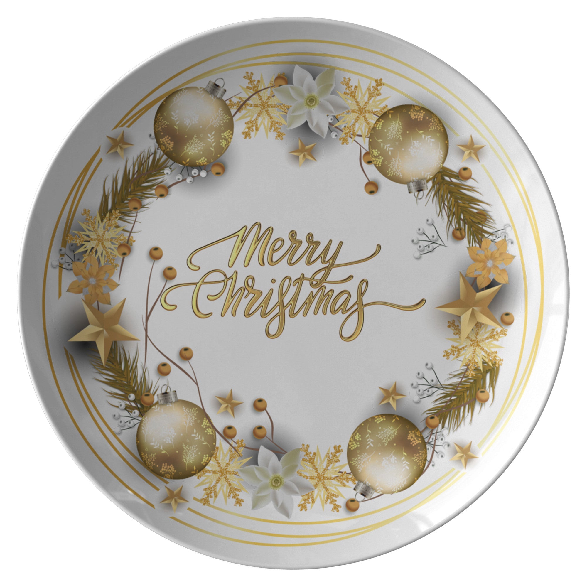 Christmas Plate Merry ChristmasPRODUCT INFORMATION10&quot; dinner plate manufactured from revolutionary polymer that is:

Microwave Safe
Oven Safe (250° up to 1 hour)
Dishwasher Safe
CPSC-Certified
FDAChristmasLoving.Shop