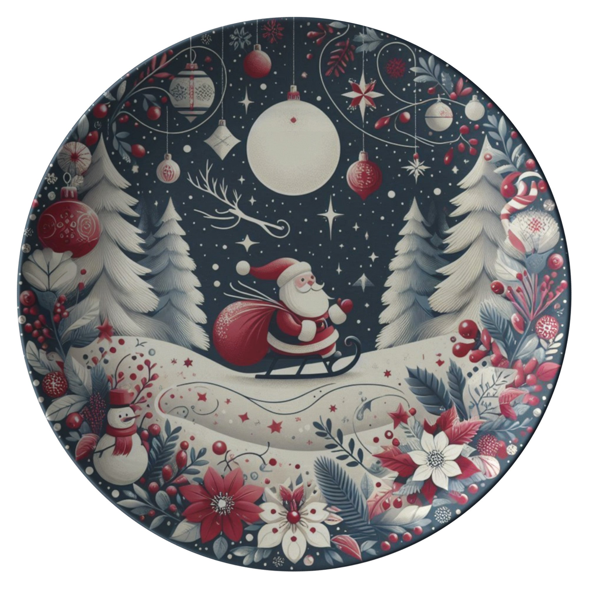 Christmas Plate Santa ClausPRODUCT INFORMATION10&quot; dinner plate manufactured from revolutionary polymer that is:

Microwave Safe
Oven Safe (250° up to 1 hour)
Dishwasher Safe
CPSC-Certified
FDAChristmasLoving.Shop