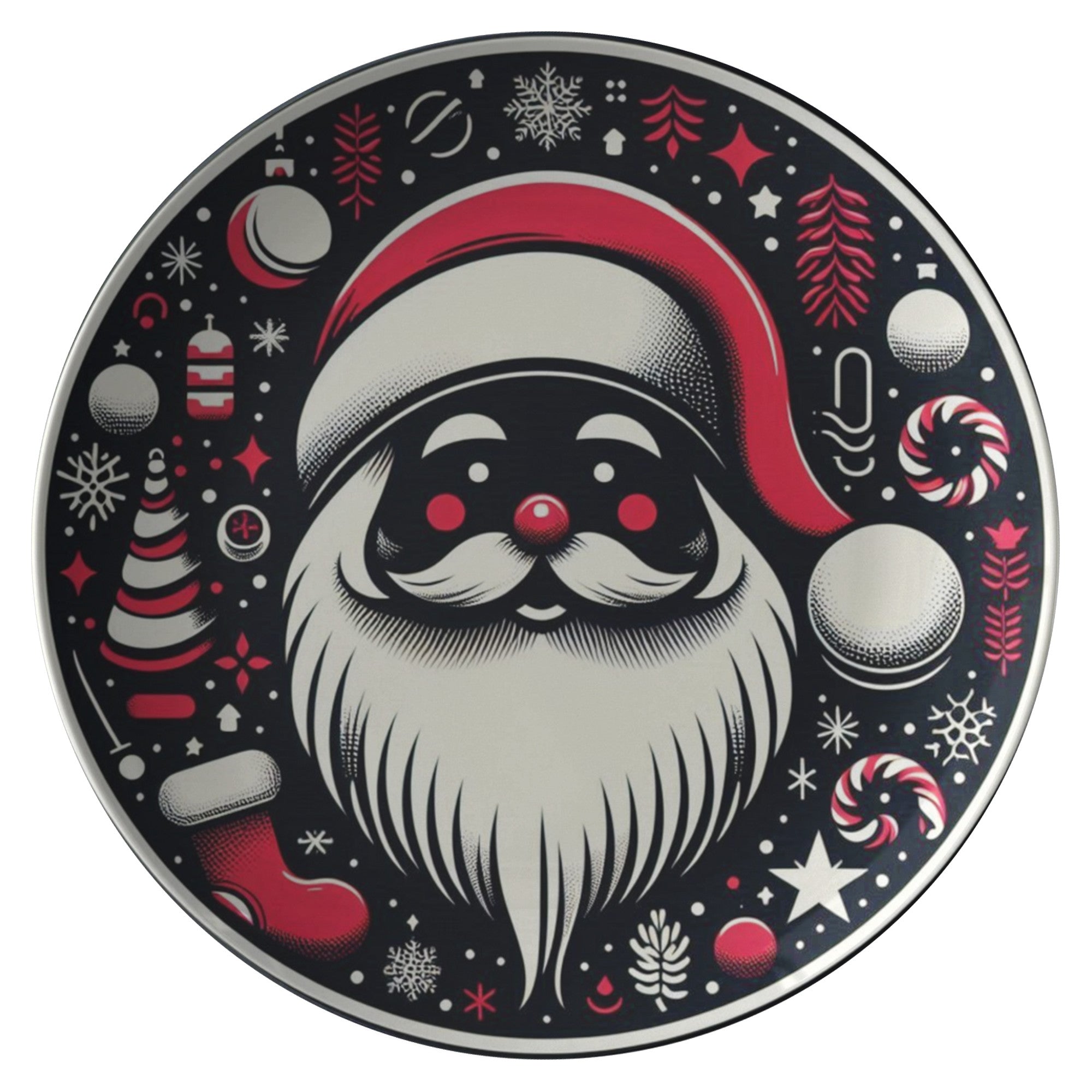 Christmas Plate Santa Claus on BlackPRODUCT INFORMATION10&quot; dinner plate manufactured from revolutionary polymer that is:

Microwave Safe
Oven Safe (250° up to 1 hour)
Dishwasher Safe
CPSC-Certified
FDAChristmasLoving.Shop