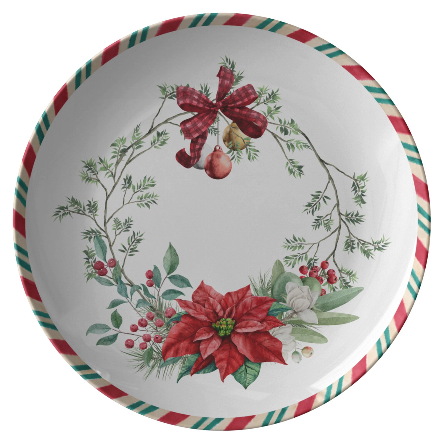 Christmas Plate Traditional Holiday Decor, Festive Dish, Seasonal TablPRODUCT INFORMATION10&quot; dinner plate manufactured from revolutionary polymer that is:

Microwave Safe
Oven Safe (250° up to 1 hour)
Dishwasher Safe
CPSC-Certified
FDAChristmasLoving.Shop