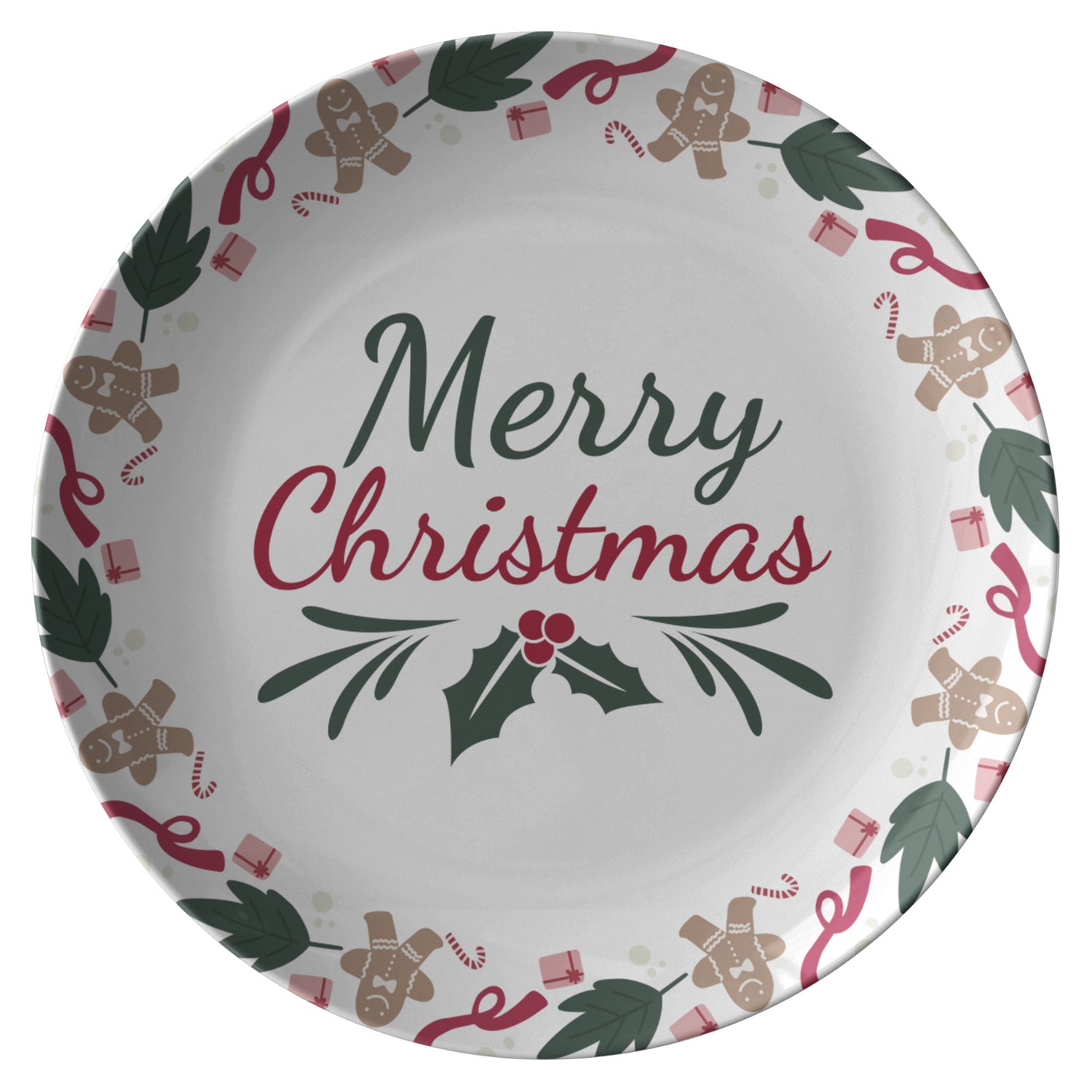 Christmas Plate with &quot;Merry Christmas&quot; Text, Festive Table Decor, HoliPRODUCT INFORMATION10&quot; dinner plate manufactured from revolutionary polymer that is:

Microwave Safe
Oven Safe (250° up to 1 hour)
Dishwasher Safe
CPSC-Certified
FDAChristmasLoving.Shop