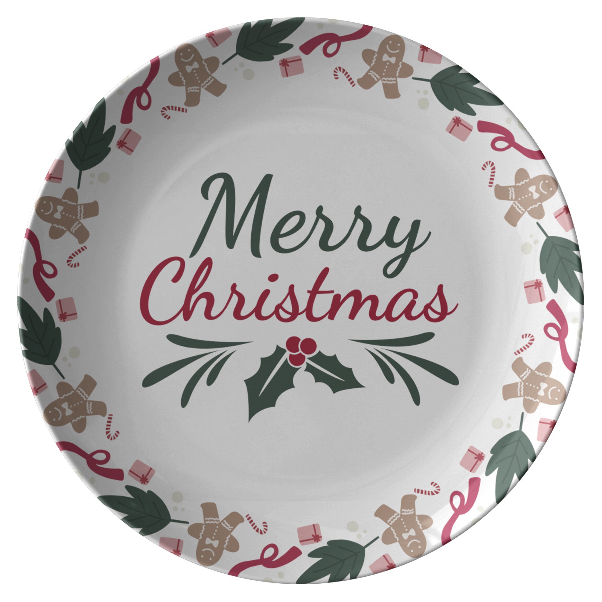 Christmas Plate with &quot;Merry Christmas&quot; Text, Festive Table Decor, HoliPRODUCT INFORMATION10&quot; dinner plate manufactured from revolutionary polymer that is:

Microwave Safe
Oven Safe (250° up to 1 hour)
Dishwasher Safe
CPSC-Certified
FDAChristmasLoving.Shop