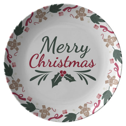Christmas Plate with &quot;Merry Christmas&quot; Text, Festive Table Decor, HoliPRODUCT INFORMATION10&quot; dinner plate manufactured from revolutionary polymer that is:

Microwave Safe
Oven Safe (250° up to 1 hour)
Dishwasher Safe
CPSC-Certified
FDAChristmasLoving.Shop