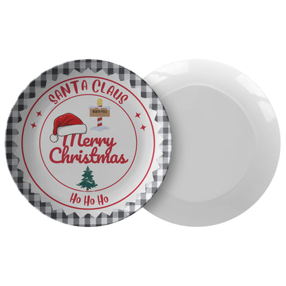 Festive Black &amp; White Plate with Vibrant Red &quot;Ho Ho Ho&quot; Santa Claus Design – Perfect for Holiday Gatherings - Set of Four - ChristmasLoving.Shop