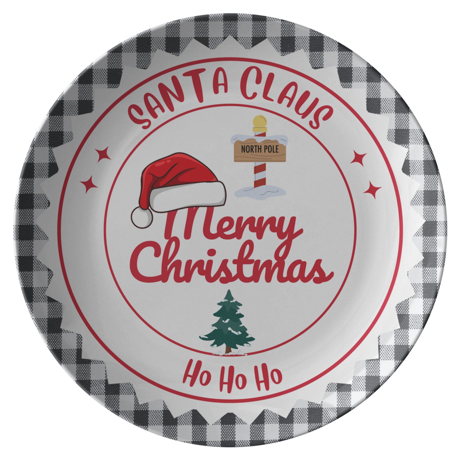 Festive Black &amp; White Plate with Vibrant Red &quot;Ho Ho Ho&quot; Santa Claus Design – Perfect for Holiday Gatherings
