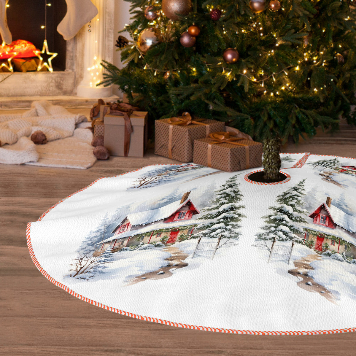 Faux Linen Christmas Tree Skirt Winter scene