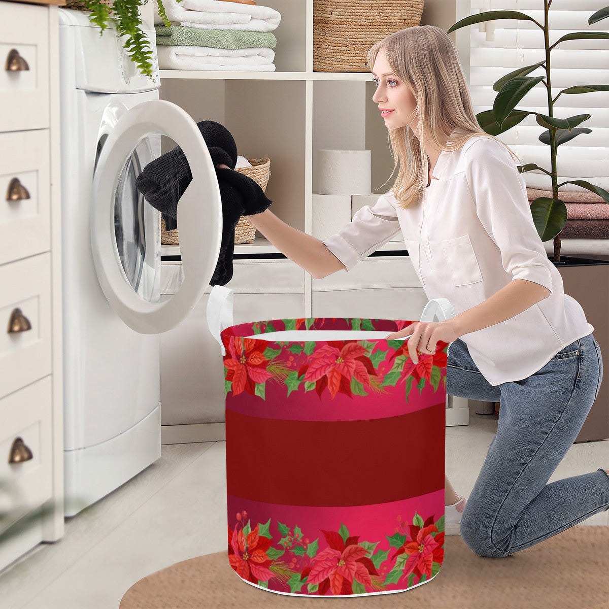 Round Laundry Basket Poinsettia Christmas