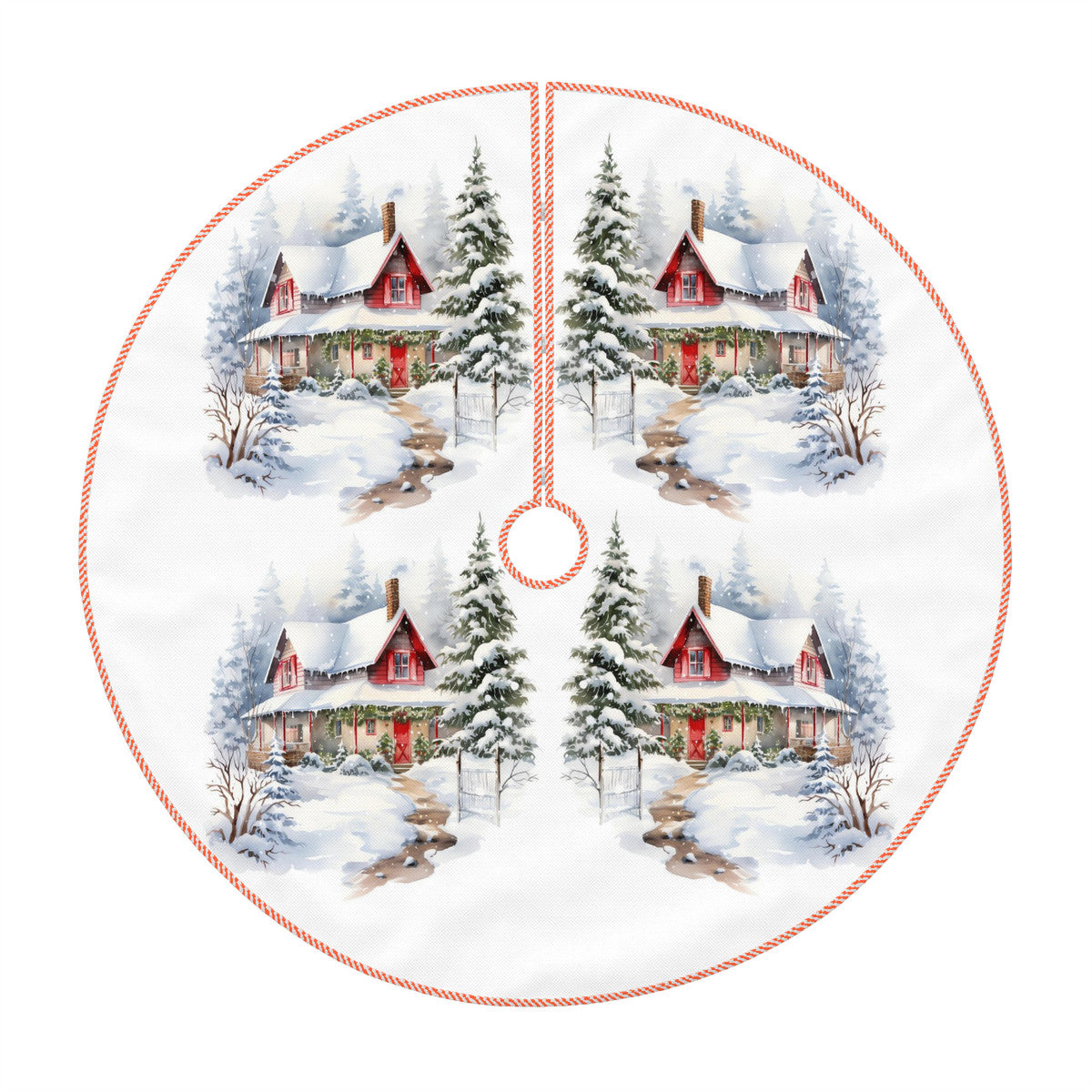 Faux Linen Christmas Tree Skirt Winter scene