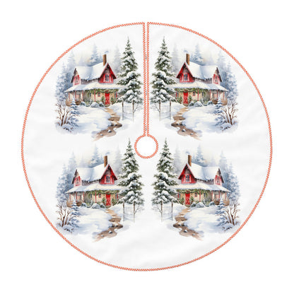 Faux Linen Christmas Tree Skirt Winter scene