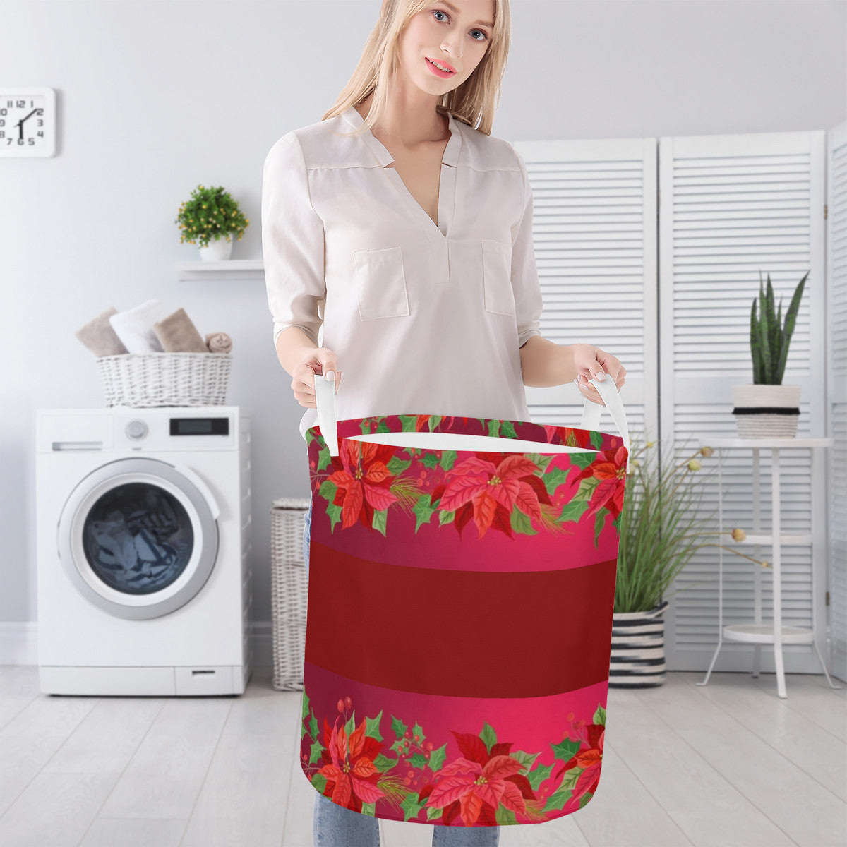 Round Laundry Basket Poinsettia Christmas