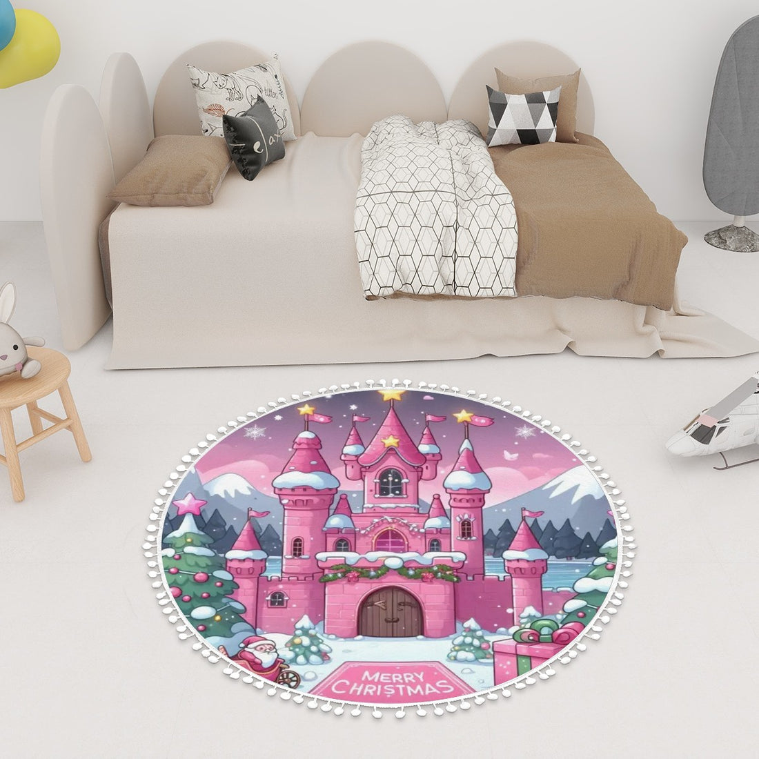 Round Area Rug Christmas Castle Pink with Pom Poms