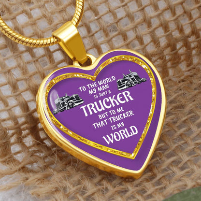 Luxury Heart pendant Necklace To the World my Man is just a Trucker but to me that Trucker is my World