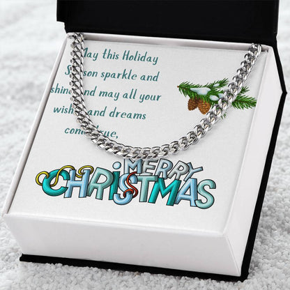 Necklace Chain with Merry Christmas Card, Holiday Jewelry Gift, Festive Season Pendant, Ch