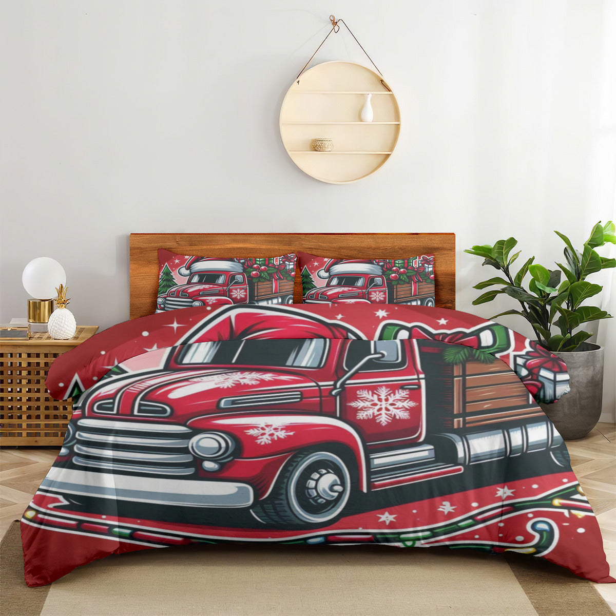 Christmas Truck Bedding four piece set - White / 79x90 Inch - ChristmasLoving.Shop