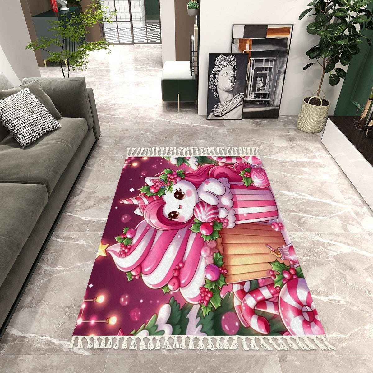 Christmas pink unicorn Area Rug with Tassels (8:5)