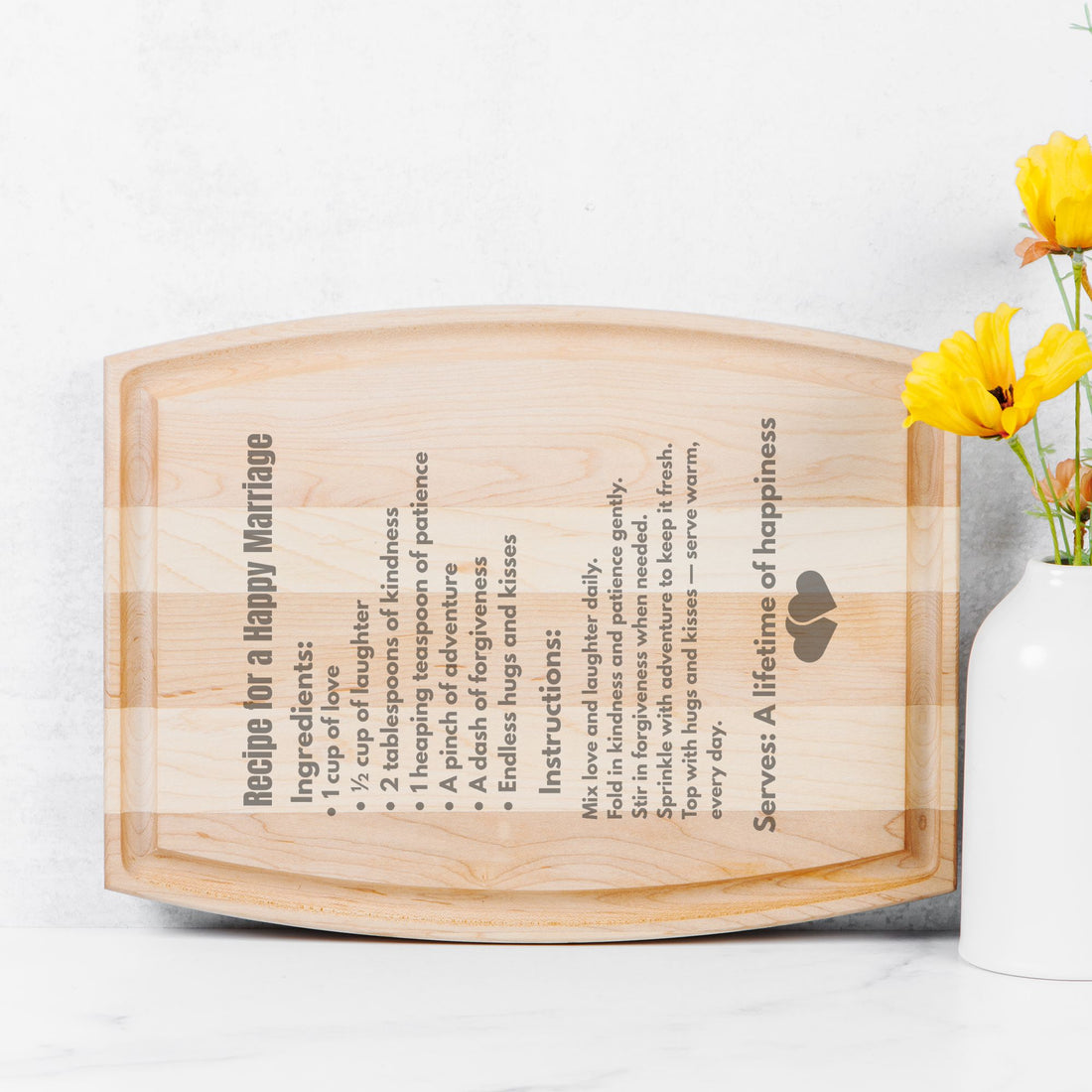 Recipe for a happy Marriage Arched Wood Cutting Board with Groove - 12&quot; x 9&quot;