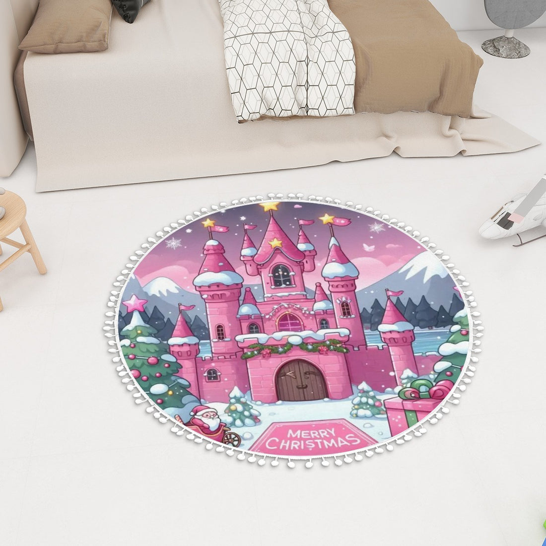 Round Area Rug Christmas Castle Pink with Pom Poms