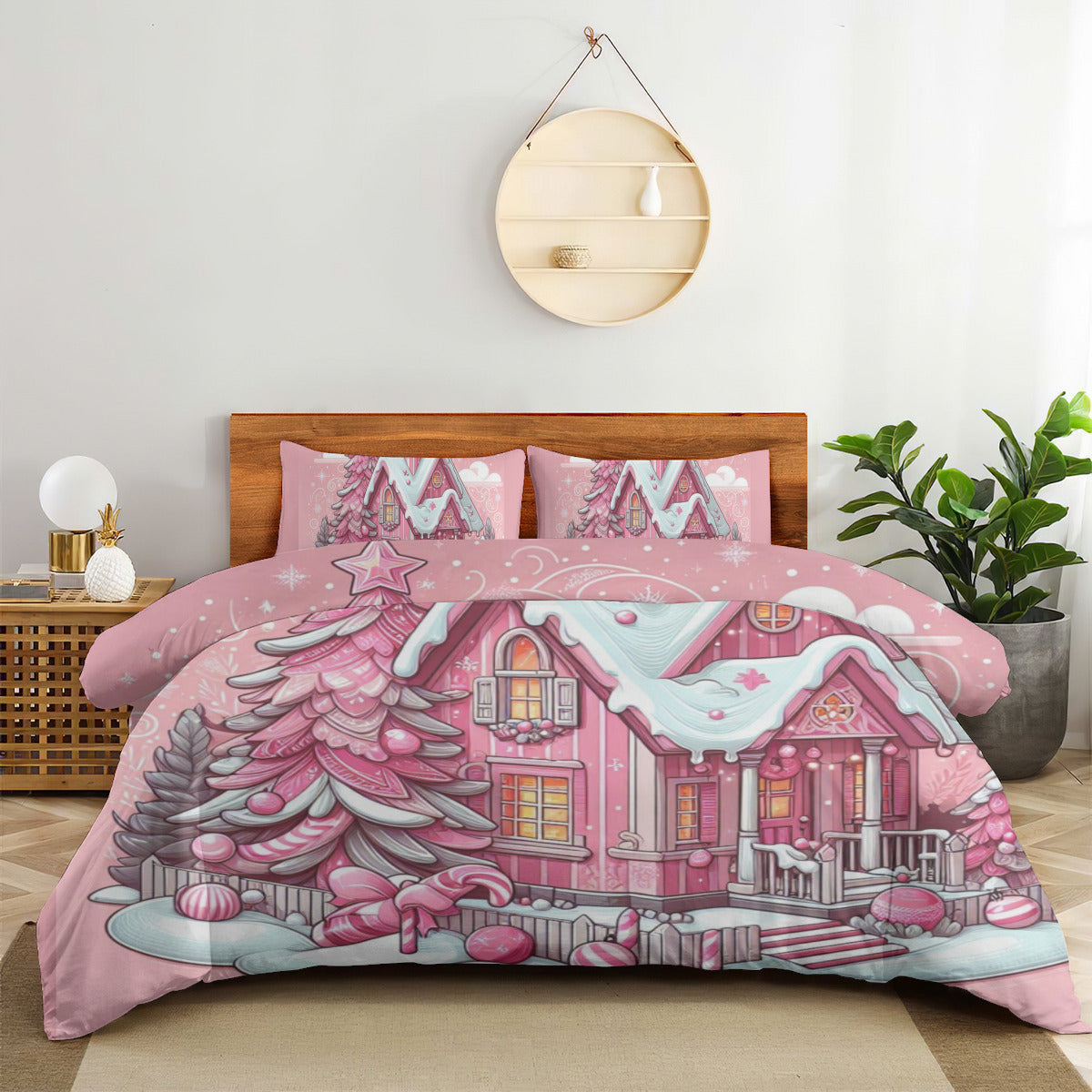 Christmas House Pink Bedding Four-piece Set - White / 79x90 Inch - ChristmasLoving.Shop