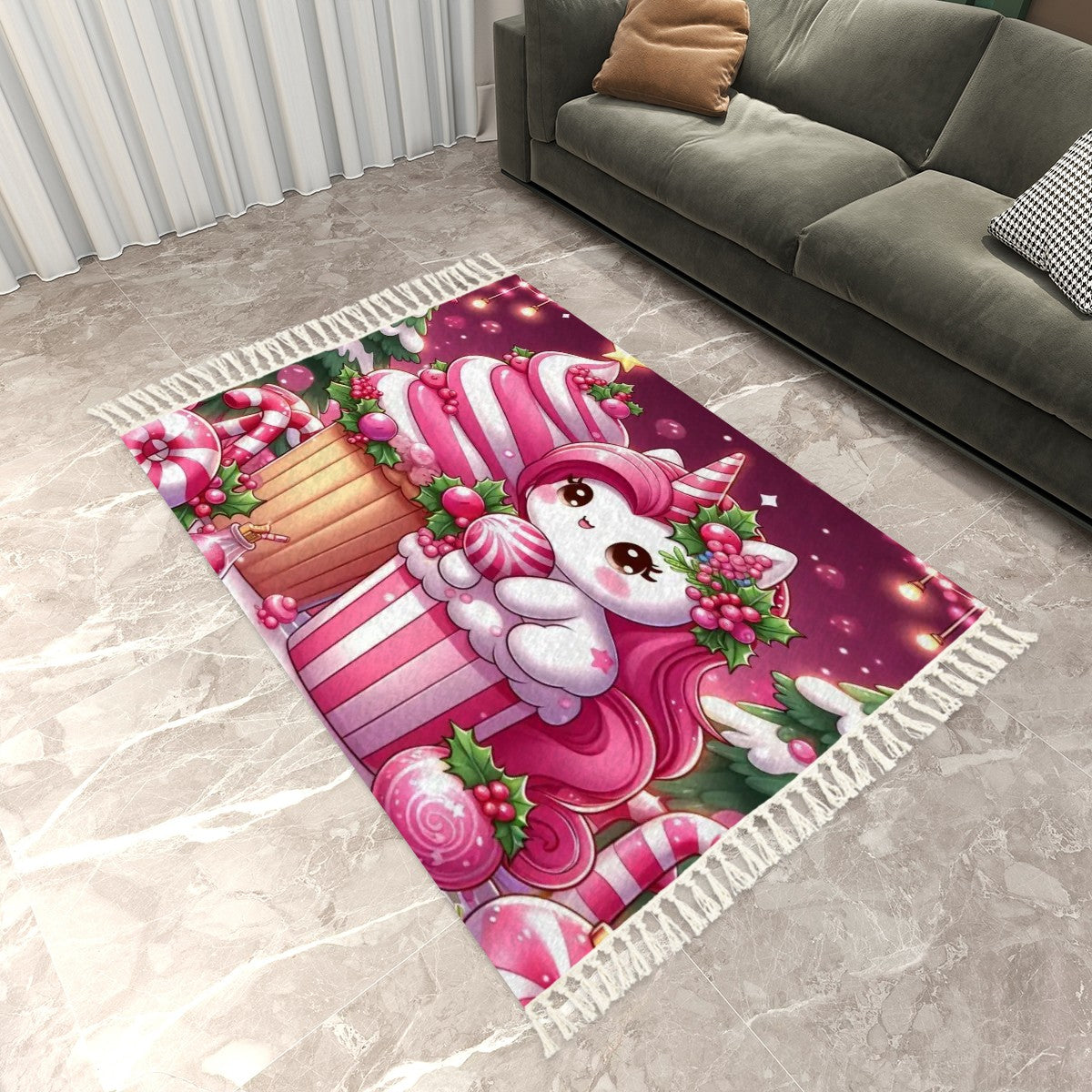 Christmas pink unicorn Area Rug with Tassels (8:5)