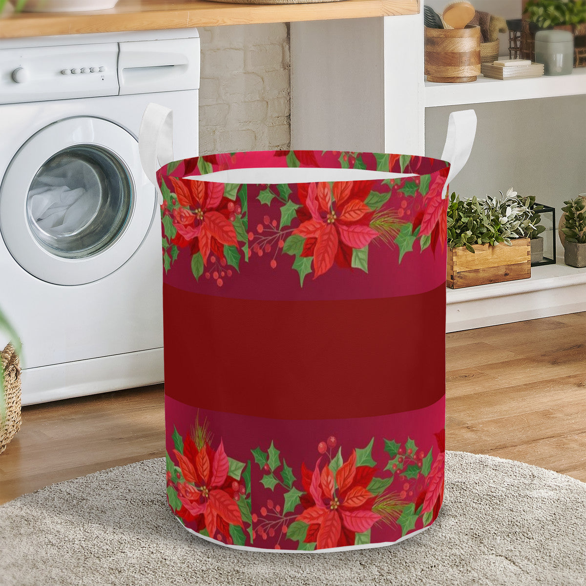 Round Laundry Basket Poinsettia Christmas