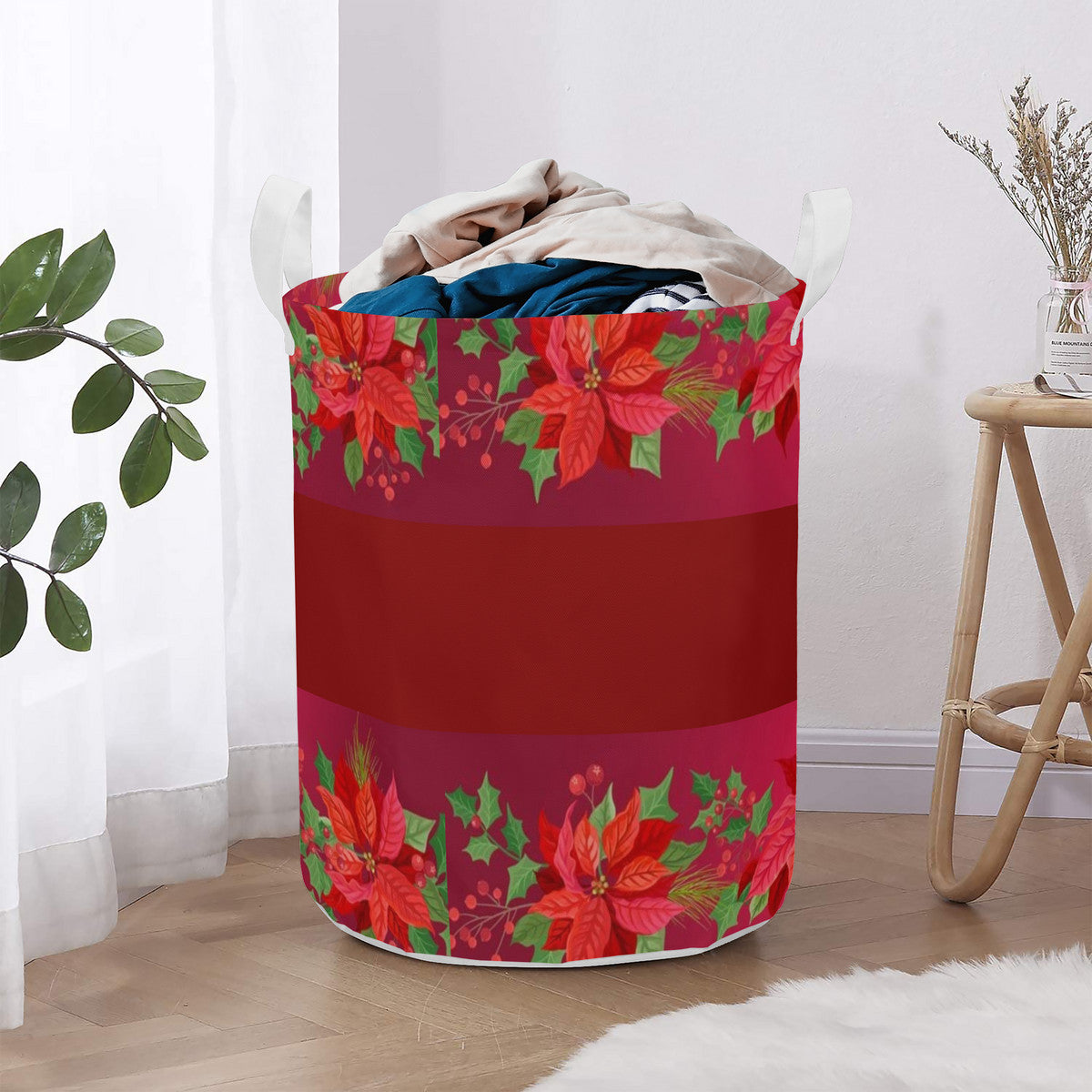 Round Laundry Basket Poinsettia Christmas